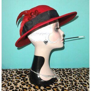 Vintage Arlin Red Wool Church Hat w/ Feathers Kentucky Derby pinup retro bow